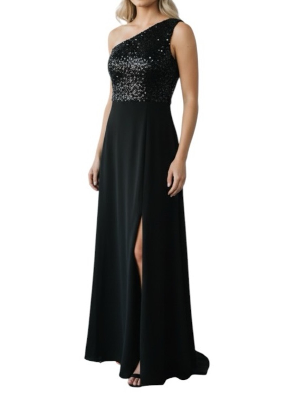 Eliza J One Shoulder Sequin Bodice Scuba Crepe Gown Black Size 14 Red Carpet